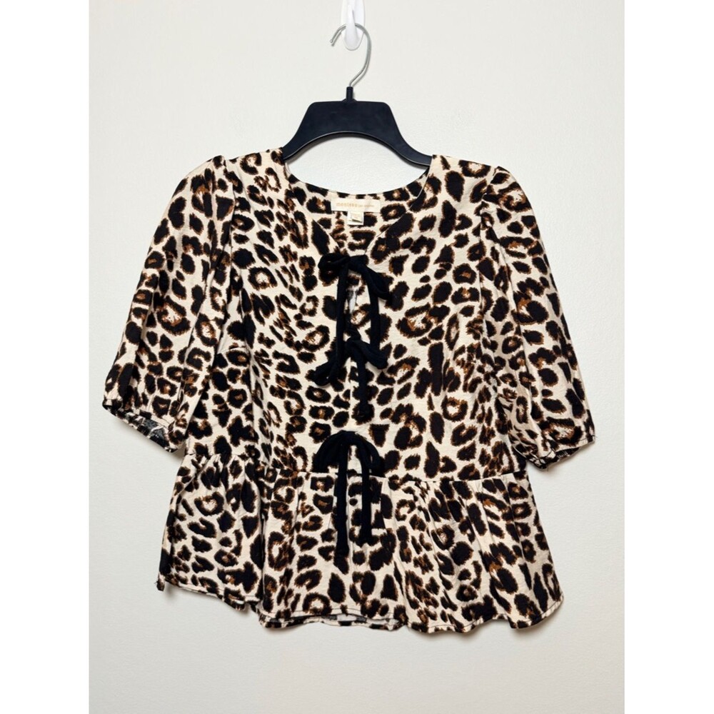 Monteau Los Angeles Leopard Print Peplum Blouse Tie Front Short Sleeve Size M